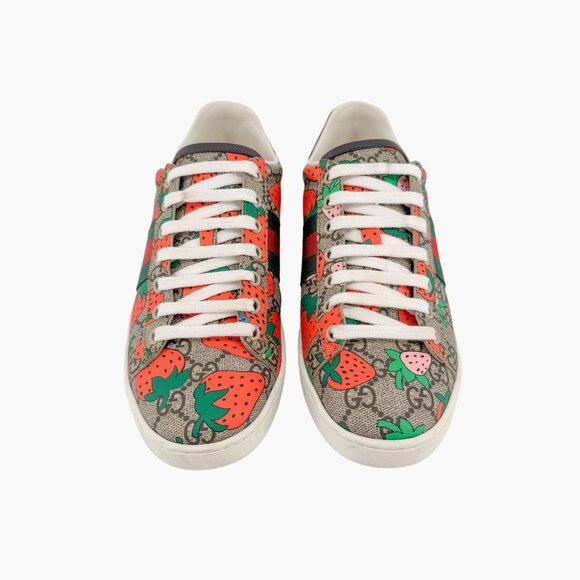 Gucci Ace Web Stripe Sneaker EU 38 US 8 Beige GG Monogram Strawberry Print - Picture 2 of 14